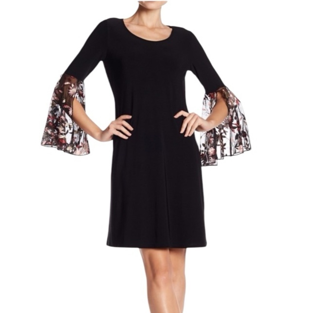 NWT’S MSK embroidered Bell Sleeve Black Stretch Scoop Neck Dress SZ L